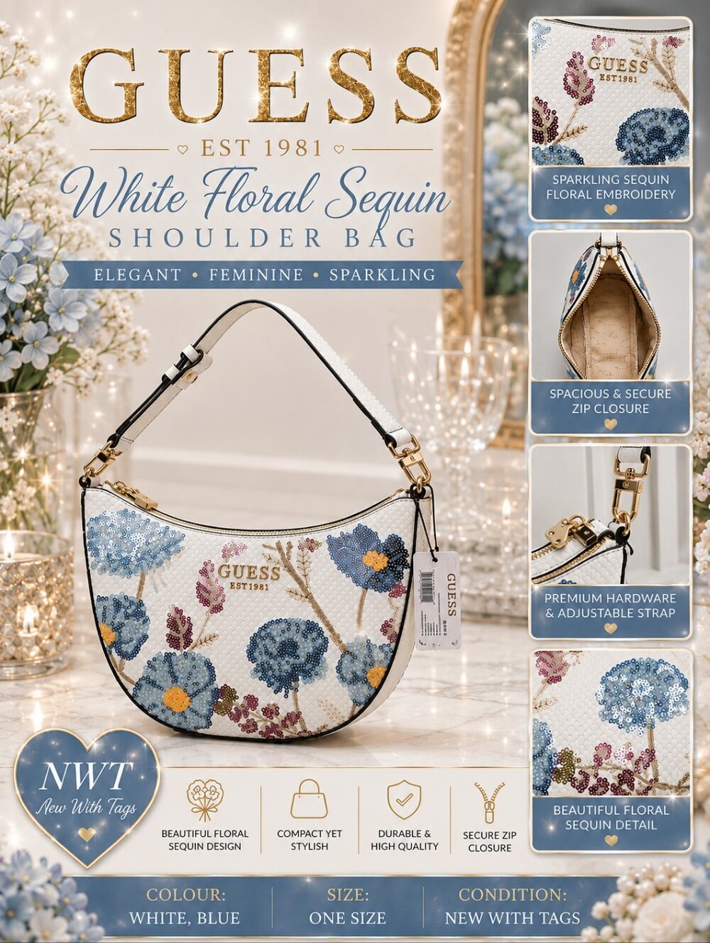 NWT GUESS White Floral Sequin Shoulder Bag